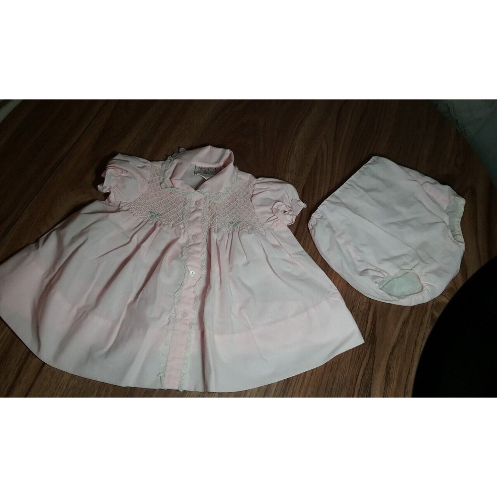 Vtg A Little Angel Baby Girl Pink Dress Smocked Buttoned Front Wide Hem 3-6 Mo
